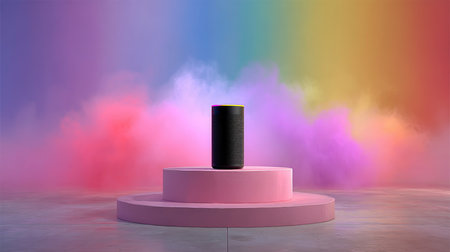 A modern speaker displayed prominently on a pink pedestal, surrounded by vibrant colorful fog. This striking image embodies technology and artistic innovation.の素材