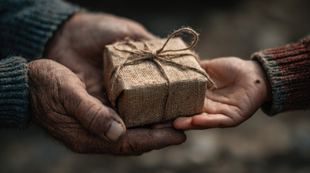 An elderly person's hands tenderly pass a rustic gift to a child's hands, capturing a moment of warmth, connection, and generosity that transcends generations.の素材