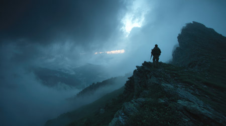 A solitary hiker stands on a rocky mountain peak, gazing into the dramatic sky filled with clouds and mist, capturing the essence of adventure.の素材
