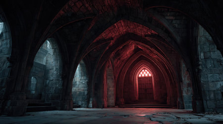 Explore the haunting beauty of a gothic archway within an abandoned structure, accentuated by intricate stone features and dim red lighting.の素材
