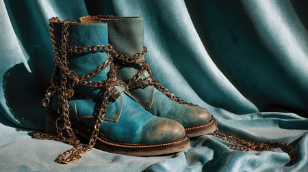 This captivating image features a pair of vintage blue boots elegantly draped with chains, resting on soft teal fabric, illuminated by gentle natural light.の素材