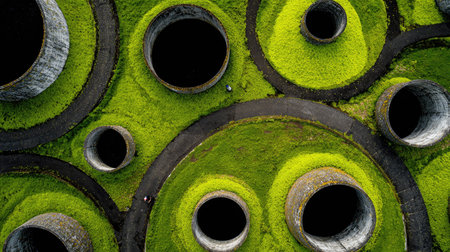 This aerial image showcases a series of circular structures surrounded by vibrant green grass, creating a unique and captivating landscape. The top-down perspective highlights the geometric patterns and symmetry in the environment, inviting exploration and appreciation of natureの素材