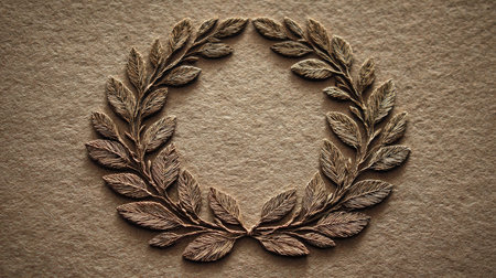This image features an elegant embossed wreath made of leaves, beautifully crafted on a textured paper background. The design emphasizes a natural and artistic appeal.の素材