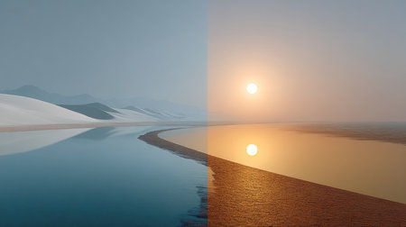 A breathtaking natural landscape showcases the serene beauty of a river reflecting the sunset, framed by gentle mountains and desert terrain.の素材