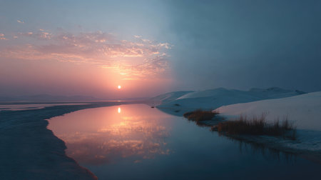 A breathtaking scene of a sunset reflecting off calm waters in a snow-covered landscape. Gentle clouds merge with vibrant colors, creating tranquility.の素材