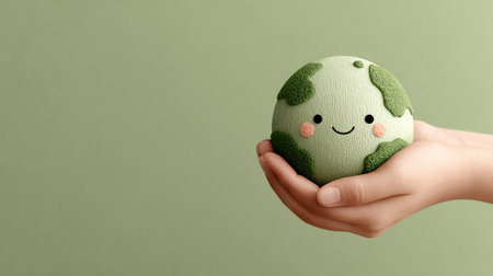 A whimsical representation of Earth, held gently in a hand. The cute globe features a smiling face and vibrant green patches, symbolizing harmony and environmental care.の素材