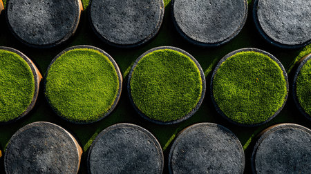 This striking aerial view showcases a unique arrangement of circular black and green textures, blending natural elements with modern design.の素材