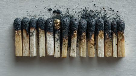 A visually striking arrangement of charred matchsticks accented with hints of metallic glitter, showcasing a unique contrast of textures ideal for artistic projects.の素材