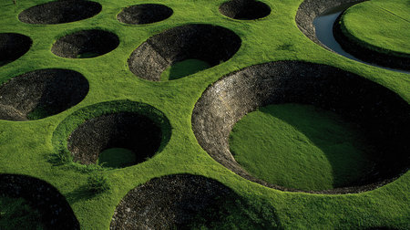 Explore a stunning aerial view of unique geological formations showcasing circular pits surrounded by vibrant green grass, creating a peaceful and serene atmosphere.の素材