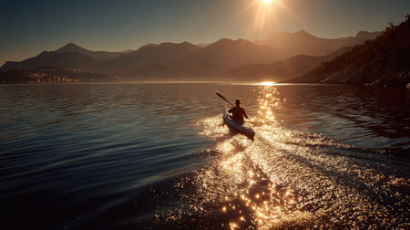 A tranquil scene of a kayaker paddling through calm waters at sunrise, surrounded by majestic mountains and shimmering reflections creating a peaceful atmosphere.の素材