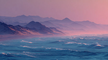 A tranquil scene of ocean waves gently crashing along a coastal landscape at dusk, showcasing a blend of soft purple and pink hues in the sky.の素材