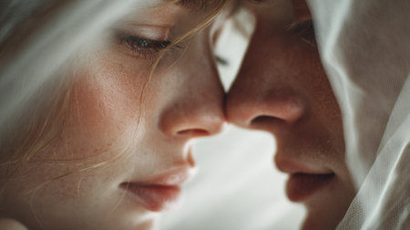 A captivating close-up image capturing two lovers' faces in a delicate embrace under a soft veil, highlighting their shared intimacy and connection.の素材