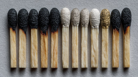 A striking image showcasing an assortment of matches highlighting various tip colors and textures on a gray background. Ideal for artistic or commercial use.の素材