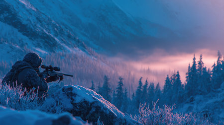 A lone hunter takes aim with a sniper rifle amidst a stunning winter landscape, surrounded by snow-covered trees and mountains during dawn.の素材
