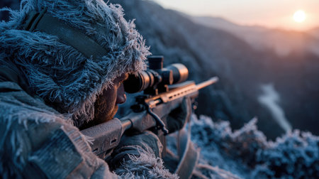 A dedicated soldier in winter camouflage intensely observes a snowy mountain landscape during sunrise, showcasing the precision and skills of military training in extreme conditions.の素材
