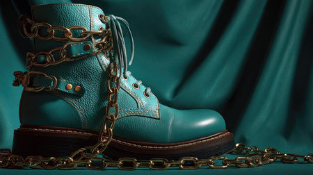 This striking image features a turquoise boot embellished with chains, set against a vibrant teal background, perfect for showcasing unique fashion designs.の素材