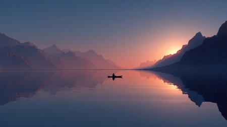 This captivating image captures a lone kayaker on a calm lake during a stunning sunset, surrounded by majestic mountains. The serene colors reflect off the water, creating a tranquil atmosphere perfect for nature lovers.の素材
