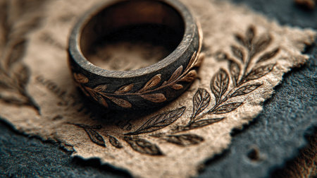 This stunning image showcases an elegant rustic engagement ring resting on textured vintage paper adorned with intricate leaf patterns, highlighting craftsmanship and artistry.の素材