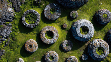 This captivating aerial image showcases ancient stone structures arranged in circular patterns, surrounded by vibrant greenery and stunning natural scenery.の素材