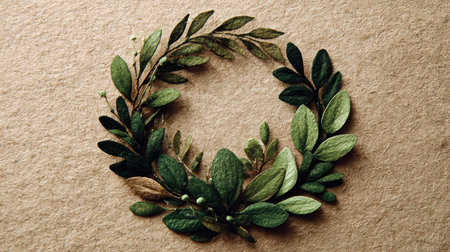 This beautiful leaf wreath features an array of green foliage set against a soft brown background, perfect for rustic decor and nature-themed designs.の素材