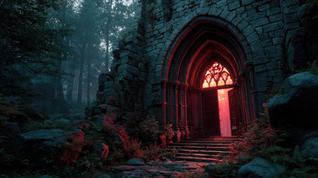 A captivating gothic archway stands amid a serene forest landscape, illuminated by mystical red light, inviting exploration into an enchanting scene.の素材