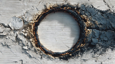 This image showcases a close-up view of a weathered wood surface with an abstract circular shape encircled by cracked paint, creating a striking texture.の素材