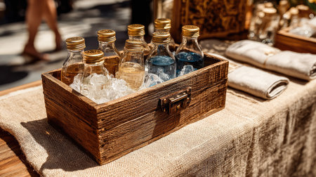A rustic wooden box holds refreshing bottled drinks surrounded by ice, creating a vibrant display on a sunlit table ideal for outdoor gatherings.の素材