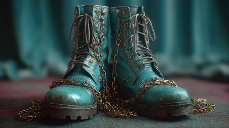 A striking image of vintage blue combat boots chained together, set against a soft background, perfect for showcasing unique fashion or art themes.の素材