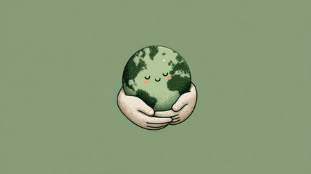 This charming illustration features a cute character resembling the Earth, cradled gently by hands, conveying love and care for our planet.の素材