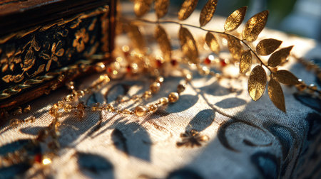 A beautifully arranged scene featuring golden leaves and elegant jewelry resting on a rich fabric surface, enhanced by soft natural light and shadows.の素材