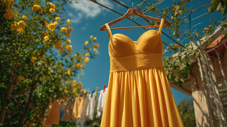 A stunning yellow dress elegantly hanging in a beautiful garden filled with vibrant flowers, capturing the essence of summer fashion and outdoor beauty.の素材