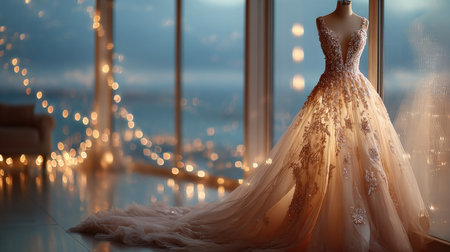 A stunning bridal gown stands elegantly against a backdrop of soft lighting and a scenic view, capturing the essence of romance and sophistication in wedding fashion.の素材