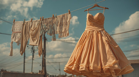 A beautiful yellow dress hangs on a clothesline, swaying gently in the breeze under a clear blue sky with fluffy clouds, showcasing a nostalgic summer vibe.の素材