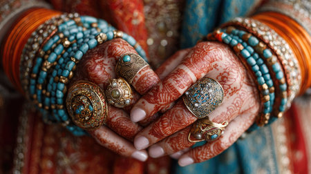 Close-up view of elegantly adorned hands with colorful bangles and intricate mehndi art, showcasing the beauty of traditional cultural attire and craftsmanship.の素材