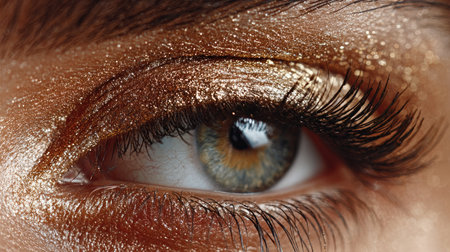This artistic close-up showcases a beautiful eye adorned with shimmering golden makeup. The intricate details highlight the lashes and iris, creating a captivating portrait.の素材
