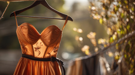 A stunning orange dress elegantly hangs on a clothesline, surrounded by soft natural light and greenery, showcasing beauty, style, and craftsmanship.の素材
