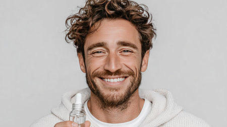 A young man with curly hair flashes a bright smile while holding a skincare product in a clean, minimalist setting. This image captures confidence and self-care.の素材