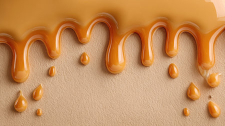 This image showcases a rich, smooth caramel sauce glistening as it drips down against a neutral beige background, creating a tempting and inviting dessert scene.の素材