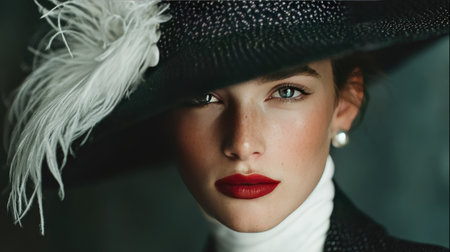 A captivating portrait of an elegant woman wearing a wide-brimmed hat adorned with feathers, showcasing bold red lips and impeccable makeup, capturing timeless beauty.の素材