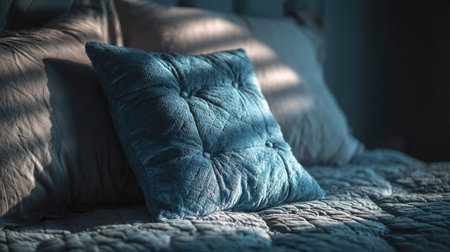 A serene bedroom scene featuring a plush textured pillow on soft bedding, illuminated by gentle natural light, creating a cozy and inviting atmosphere.の素材