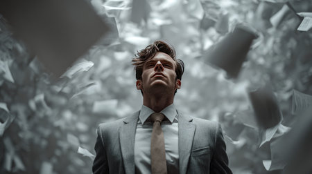 A businessman stands confidently amidst swirling sheets of paper, embodying the tension and chaos of the modern corporate world.の素材
