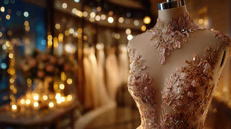 A stunning wedding dress displayed on a mannequin in a beautifully lit boutique. Soft lighting enhances the intricate details and decorative elements.の素材