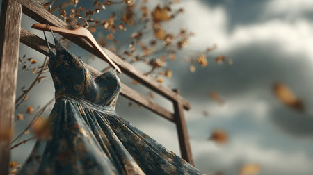 A beautiful floral dress elegantly hangs on a wooden hanger, set against a dramatic sky. Autumn leaves float softly around, creating a serene and artistic scene.の素材