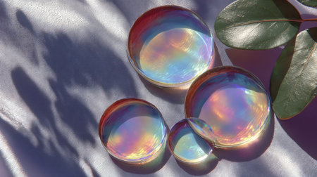 A mesmerizing display of colorful iridescent bubbles on a silky surface, showcasing reflections and shadows captured in natural light. Perfect for artistic projects.の素材
