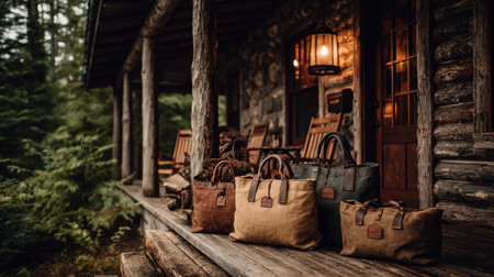 A collection of stylish travel bags showcased on a rustic cabin porch, perfectly blending outdoor adventure with elegant craftsmanship in a serene natural setting.の素材