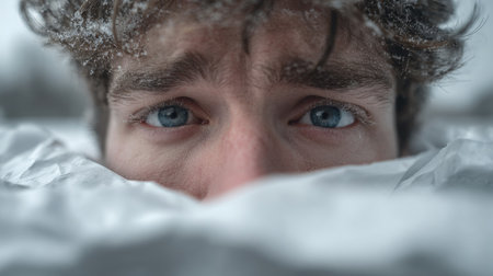 A striking close-up of a young man's blue eyes peeking through white fabric, capturing intense emotions in a serene winter environment.の素材