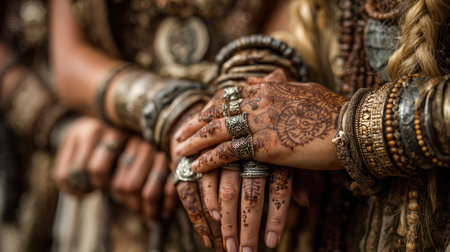 A detailed close-up of women's hands adorned with intricate henna designs and an array of bohemian jewelry, showcasing the beauty of cultural heritage and artistry.の素材