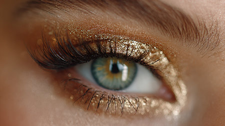 A striking close-up image showcasing an eye adorned with dazzling glitter makeup and long, voluminous lashes, emphasizing beauty and artistry.の素材