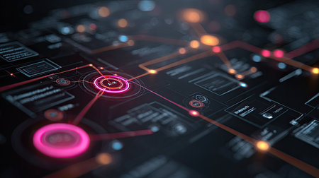This image showcases a futuristic digital interface highlighting interconnected nodes and dynamic data flow, perfect for technology and design themes.の素材