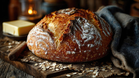 An inviting image of freshly baked artisan bread presented on a rustic wooden board, accompanied by soft butter and oats, perfect for a cozy kitchen scene.の素材